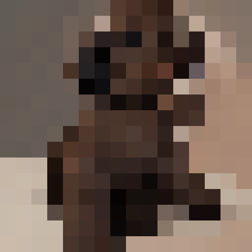 chocolate American Cocker Spaniel sitting, playful expression, docked tail, shiny fur, expressive eyes, wagging tail, slightly lifted ears, game icon, 16x16, pixel art, close up, portrait