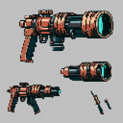 I want to see a simple copper minigun with 8 barrels floating in the center of the frame. It should have strange mechanical details that could interlock with others. I want this object usable an asset in a videogame, meaning only one object per image, outlined with a strong black stroke, on a solid-color background. 