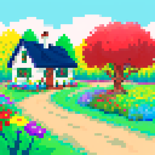 an adorable cottagecore cottage with a winding path and garden of wildflowers limited colors