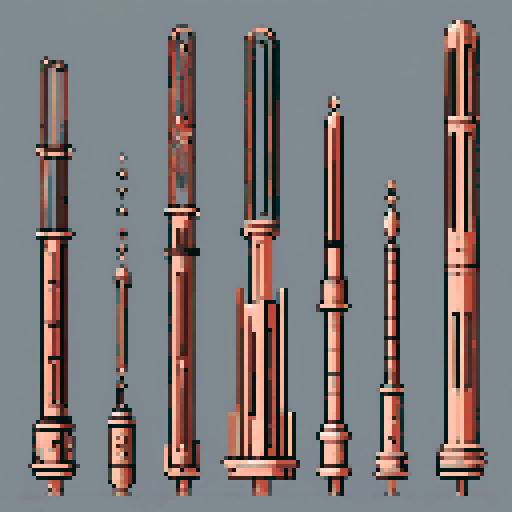 I want a tall vertical copper structure reminiscent of a organ pipe. It should have strange mechanical details that could interlock with each other. I also want this object usable an asset in a videogame, meaning only one object per image, outlined with a strong black stroke, on a solid-color background.
