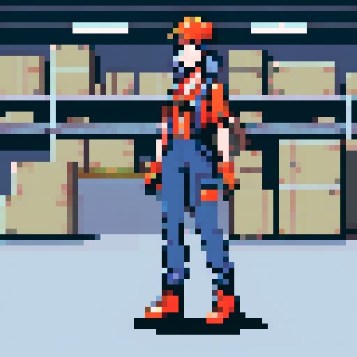 young, female warehouse worker, Amazon Germany, pixel art