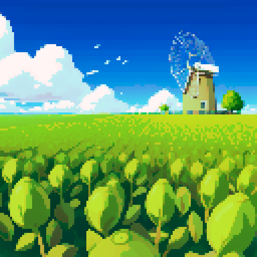 Wide open field, plains, sprouts of three long leaves, grey windmill in background