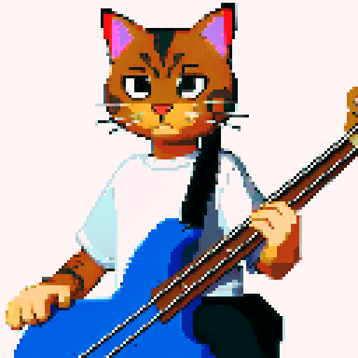 cat playing bass, meme style, pixel art, sRGB