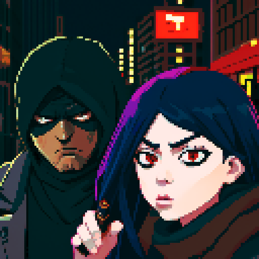 Girl on the right smoking a cigarette, guy on the left holding a gun with a black mask covering his face, gritty, rainy, nighttime, downtown