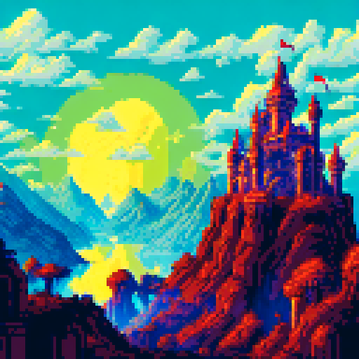 A towering, fiery castle overlooks a sprawling, desolate wasteland in the world of Elden Ring, rendered in vibrant, retro pixel art against a haunting sRGB background