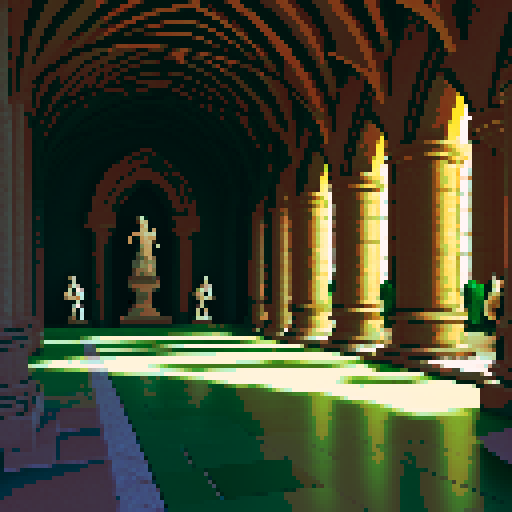 basilisk surrounded by stone statues in a castle hall