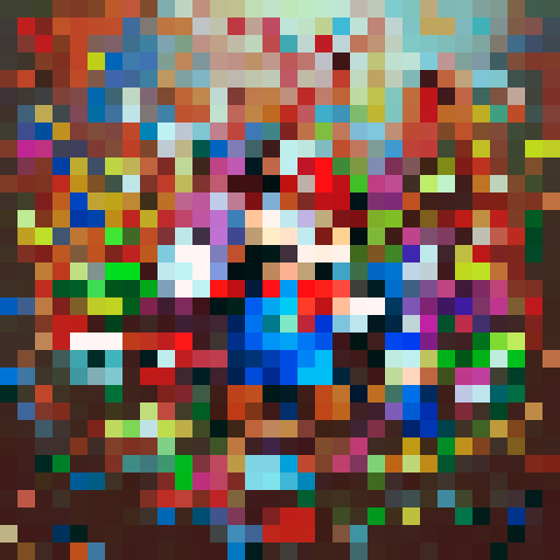 "Pixelated Murakami characters and Mario emerge from the screen in a skillful and vibrant game icon style, with close-up portraits showcasing their unique and quirky personalities."