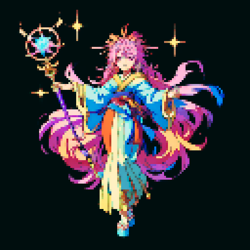 legendary anime girl wizard, long flowing hair, vibrant and dynamic colors, glowing magical staff, intricate and ornate robes, intense and focused expression looking to the right, not wearing shoes, sparkling and shimmering background, detailed and precise pixel art
