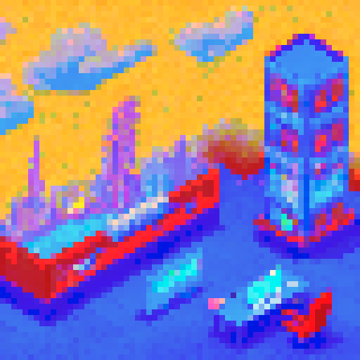 Normal looking character typing on a retro computer at their cubicle, while a fiery phoenix soars above a dragon and a mermaid engaged in a heated conversation in different corners of the office; in the backdrop, an isometric elevator stands tall against the pixelated cityscape
