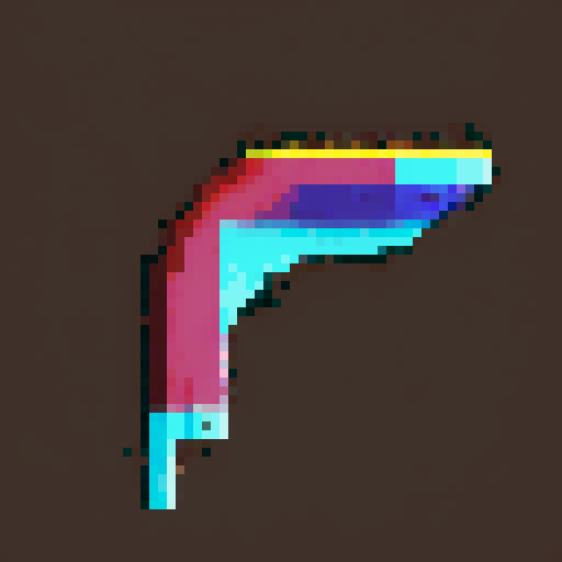 boomerang, vibrant colors, retro, 8-bit, pixelated, curved shape, metal texture