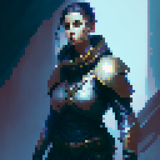 pixel character, human warrior, cloak, dark blue plated armor, fantasy RPG