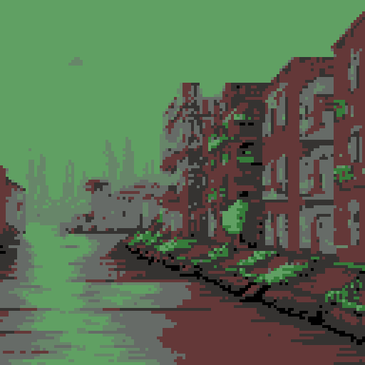 Post apocalyptic Venice, Italy as a pixelart background for a game. Stone castles and buildings with moss. Murky background.
