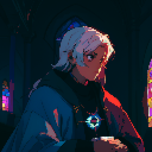 Priest, stained glass windows, vibrant colors, ornate robes, pixelated halos, illuminated Bible, candlelit altar, mosaic patterns, religious symbols, low resolution, retro aesthetic