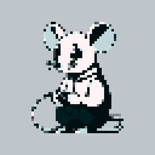 A minimalistic black-and-white pixel art design of a cool rat with a fierce expression doing needlework. The rat is depicted sitting cross-legged, with a visible needle and thread in its hands. The art style is simple, clean, and cartoonish, focusing on humor and minimal details. The rat has a determined look. The background is plain white. Emphasize clean lines and a playful tone.