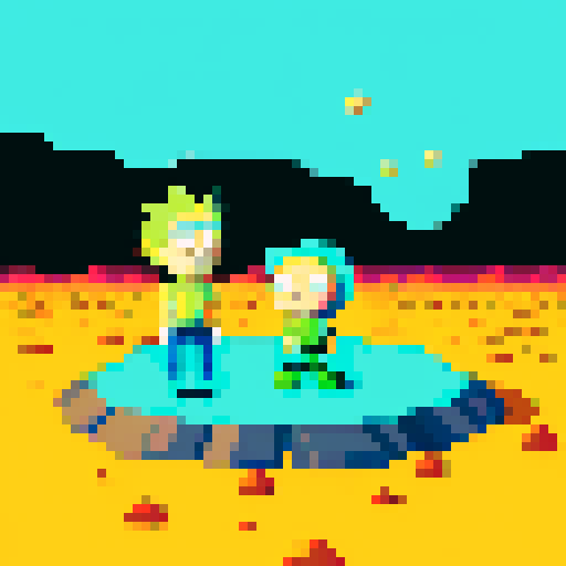 Rick and Morty on Mars with UFOs in acid palette