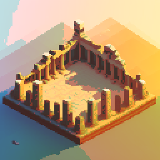 ruined, destroyed grand temple of Apollo, desert landscape, hexagonal map temple icon, pixel art