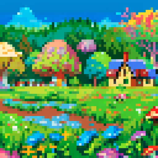 pixel art map, tall vibrant trees, whimsical mushrooms, cozy houses, colorful flowers, sRGB, vibrant colors, detailed sprites, retro gaming vibes, pixelated landscapes, enchanting atmosphere, immersive world, nostalgic art style, charming scenery, intricate designs, lively flora and fauna, 8-bit aesthetic, game map