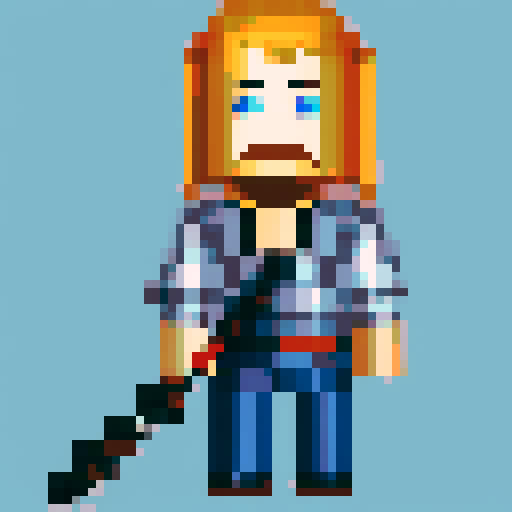 Knight in shining armor, standing tall with auburn locks and piercing blue eyes, brandishing a pixelated sword in his hand as if ready to embark on a journey