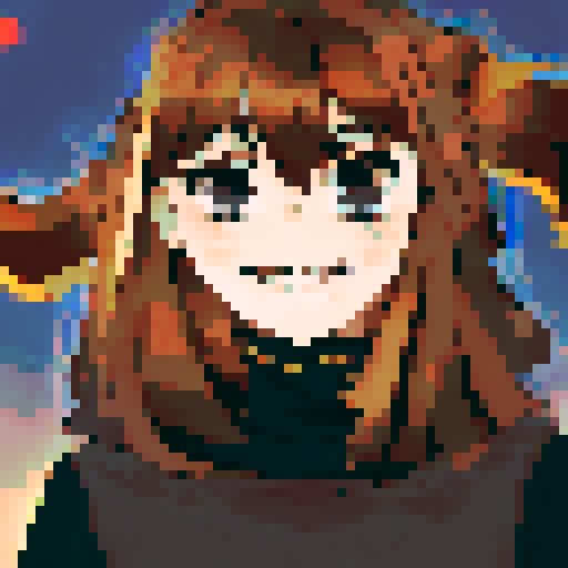 Brown and red-haired girl with a beaming smile framed by billowing blue curtains, captured in a character portrait with close-up details and an anime style, rendered in pixel art