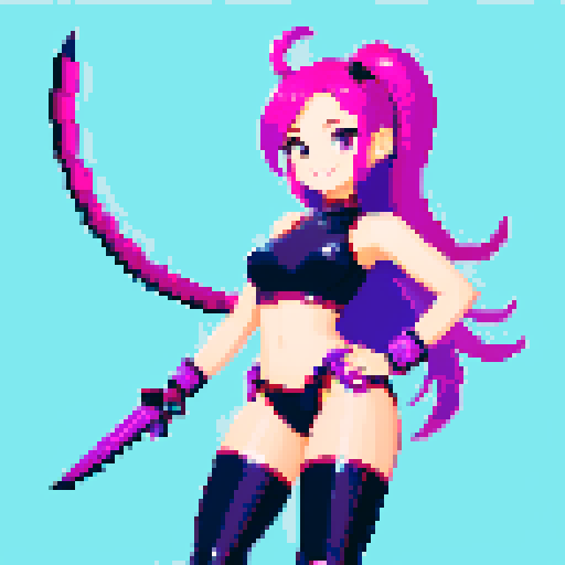 cute girl with vibrant hair, expressive eyes, and a playful smile, with a thick metallic scorpion tail as weapon