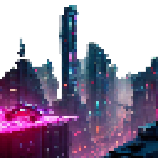 A neon-lit cityscape of towering skyscrapers and flying cars, with a hooded, katana-wielding rogue perched on a rooftop overlooking the bustling metropolis, as a robotic army marches through the streets below.