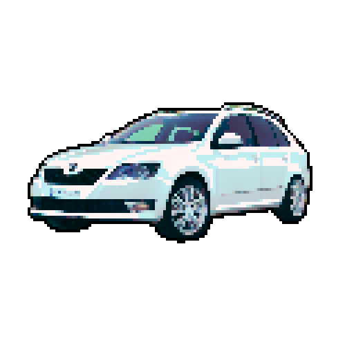Photorealistic whole Skoda Octavia, centered, three-quarter view, right front wheel, clean background, sRGB colors, pixel art style