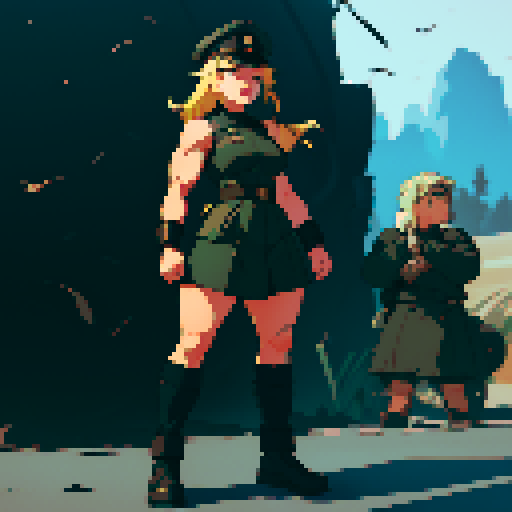 full-body image, muscle girl, female, thick biceps, big shoulders, big fists, muscular physique, thick waist, facing left, ready to fight, exaggerated proportions, black military uniform, black hat, military backdrop, sRGB, pixel art, army behind her, military behind her, army in background, army, soldiers, evil, dark, evil soldiers, nazi