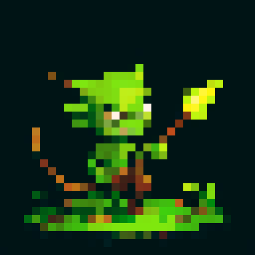 small, green-skinned humanoid creature with pointy ears, sharp teeth, and a crude wooden club, wearing ragged clothes, mischievous expression, lean, wiry build, dirt patches, scars, large glowing eyes, cunning glint, pixel art, sRGB