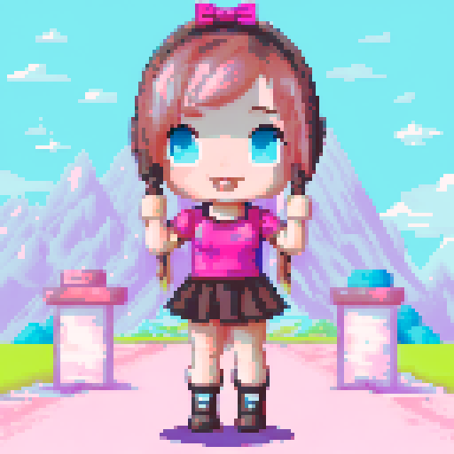 Girl with pink pigtails, cheerleader outfits, dancing, meat flying, rainbow, sRGB, pixel art, background, landscape