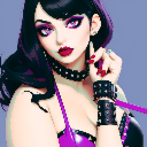 
curvy, cute goth woman's face, black hair, purple eyeshadow, red lipstick, studded leather straps, bikini, face portrait, beauty photo, vibrant sRGB colors.