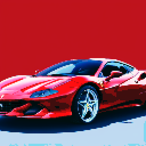 Photorealistic, centered Ferrari F8 in a three quarter view, right wheel in front, clean background, pixel art style with sRGB colors