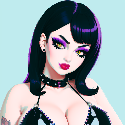 Cat girl, curvy, cute goth woman with black hair, purple eyeshadow, and red lipstick, wearing a bikini, studded collar, portrait, face avatar, in a glamour shot, sRGB color