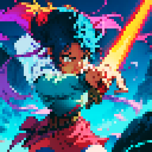 Swinging sword, pixelated slash, vibrant colors, dynamic movement, retro video game style, sRGB
