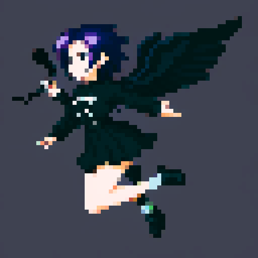 Purple haired anime character, wearing black clothes with a black angel wing casting a spell