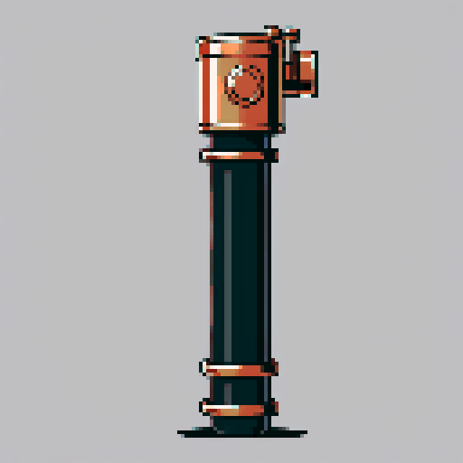 I want a tall vertical copper pipe that looks like a cannon barrel. I want this object usable an asset in a videogame, meaning only one object per image, outlined with a strong black stroke, on a solid-color background.