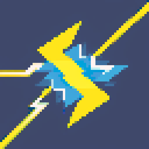 lightning bolt, pixel art, vibrant yellow and blue, electric currents, sparks, clean and simple design, visually appealing, conveying power and electricity, easily recognizable icon, minimalistic style