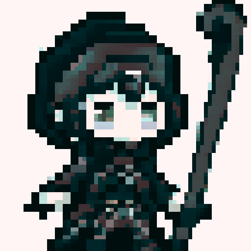 chibi, 1girl, Angel of death, pale skin, black wings, black hair, hood, cloak, stoic expression, holding scythe, cute