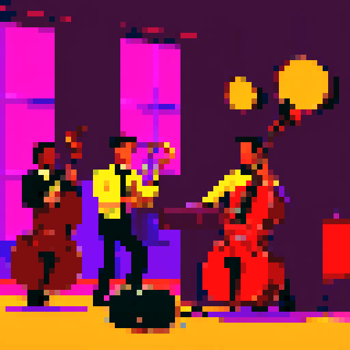 jazz musicians playing instruments, drums, double bass, in a dim bar, black, purple, brown, gold, pixel art style, sRGB