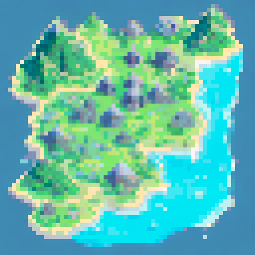 a map containing 5 biomes: a small village of wooden buildings in the center, surrounded by palisades. a desert in the lower right, lava stricken rocky mountains in the top right corner, an ocean in the top left and grasslands in the lower right corner