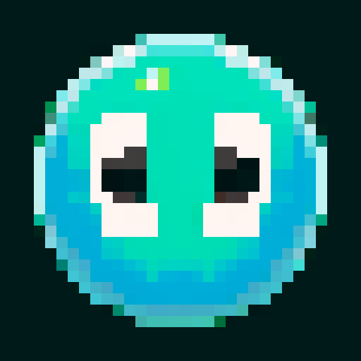 simple amorphous blob, glossy semi-transparent green body, big round eyes, goofy smile, small bubbles, pixel art, sRGB