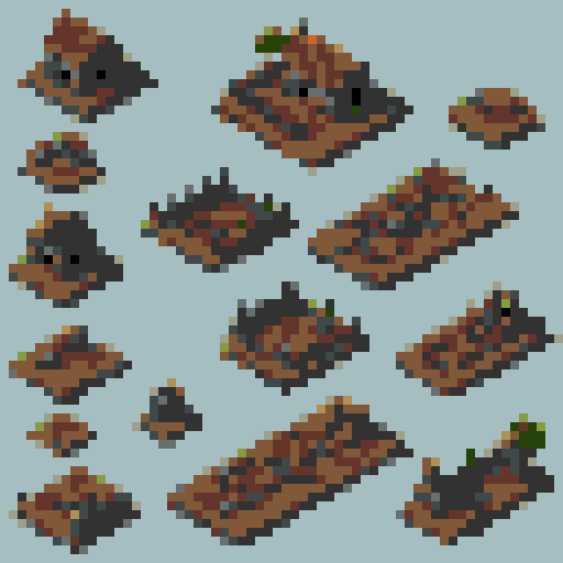 top down, post-apocalyptic, ancient Roman farmland, rpg tileset, moody lighting, crumbling ruins, overgrown vegetation, decaying crops, broken aqueducts, weathered statues, moss-covered stones, eerie atmosphere, abandoned farmhouses, mystical artifacts, mystical runes, mythical creatures, dramatic shadows, epic landscapes, desolate fields