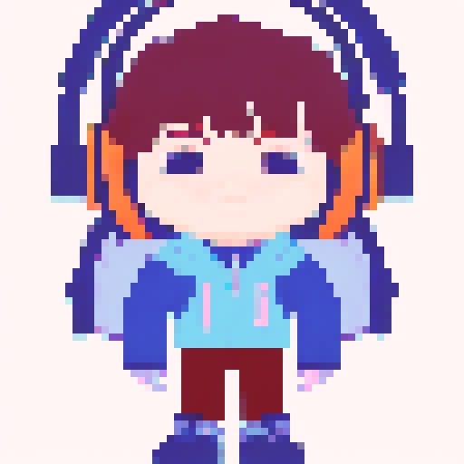 Chibi boy with rosy cheeks, wearing large headphones and a huge puffy jacket, looking from a highly detailed first person point of view, indie game style avatar