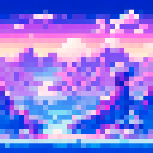 Stylized P, pixel art, sRGB, Permafrost RPG, icy landscape, snowy mountains, frozen trees, shimmering aurora, vibrant colors, magical crystals, immersive background