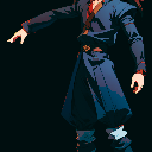 Xenogears-inspired male character, pixel art sprite, black clothing, neutral pose, neutral facial expression, sRGB palette