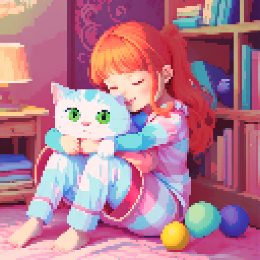 girl in pajamas hugging a cat, children's fairy tale illustration, close-up