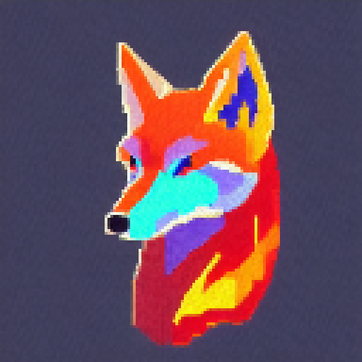 "Pixelated Flame Fox with rainbow hues, fiery aura, and piercing eyes depicted in a 16x16 pixelated portrait."