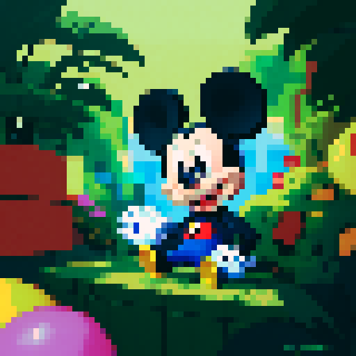pixel portrait, Mickey Mouse, no background, vibrant colors, playful expression, large round ears, button-like eyes, smiling face, retro vibe, pixelated details, sRGB color space