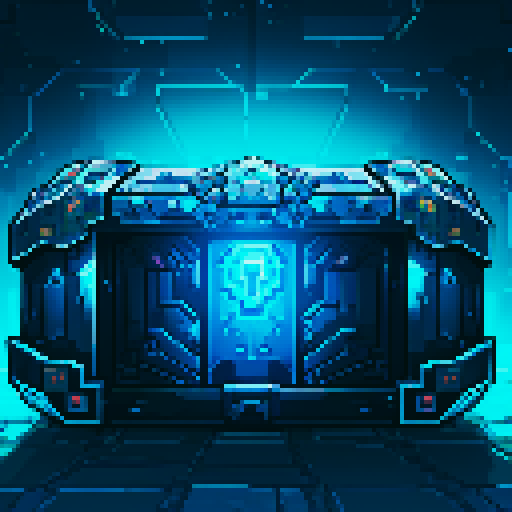 mystery box, stone, metall, shiny, pixel art, sRGB, vibrant colors, glowing lights, intricate patterns
