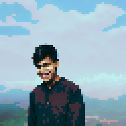 Indian boy with a slightly pointed chin and a warm, friendly smile, warm and medium-tan complexion, large and dark brown eyes with long, dark eyelashes, thick and dark brown eyebrows with a slight arch, medium-sized and slightly rounded nose, wide and expressive mouth with slightly upturned corners, short and black hair with a slight wave, character portrait, close up, anime style, pixel art