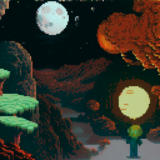 The scene is set as the main protagonist, gurney as seen in the bottom right is on a hill looking over a desolate area with sparse plant life up in flame. We see the back of his head, with his distinct jaw and a cigarette in his mouth. in the distance is a large laboratory, which has smoke coming out of it and a hole in the top. The sky is full of starts, a moon and a distant alien planet
